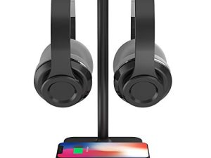 RGB Dual Headphone Stand with Wireless Charger KAFRI Desk Gaming Double Headset Holder Hanger Rack with 10W/7.5W QI Charging Pad and QC 3.0 USB Port - Suitable for Gamer Desktop Table Game Earphone