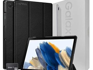 2022 Samsung Galaxy Tab A8 10.5” Inch 32 GB Wi-Fi Android 11 Touchscreen International Tablet Bundle – MDTec Hard Back Tri-Fold Stand Cover Case and 64GB microSD Card [Silver]