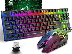 Wireless Gaming Keyboard and Mouse Combo with 87 Key Rainbow LED Backlight Rechargeable 3800mAh Battery Mechanical Feel Anti-ghosting Ergonomic Waterproof RGB Mute Mice for Computer PC Gamer (Black)