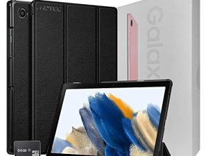 2022 Samsung Galaxy Tab A8 10.5” Inch 32 GB Wi-Fi Android 11 Touchscreen International Tablet Bundle – MDTec Hard Back Tri-Fold Stand Cover Case and 64GB microSD Card [Pink Gold]